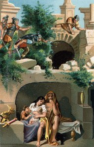 Julio Sabino (galos del pueblo de los lingones) y su esposa Eponina permanecen escondidos durante nueve años con sus hijos en un subterráneo y luego descubiertos, son llevados a Roma junto con sus dos hijos gemelos. Cromolitografía tardía del siglo XIX de Unknown artist