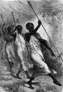 Kabba Righe (Kabba-Righe), Rey de Ounyoro (en África), y su séquito. Grabado en “Le Journal de la jeunesse”.