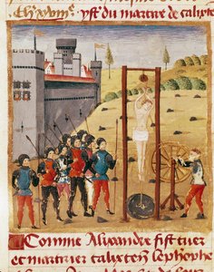 El rey Alejandro Magno (356-323 a.C.) asiste a la ejecución del noble Calixten Cephobe por ahorcamiento (detalle) de Unknown artist