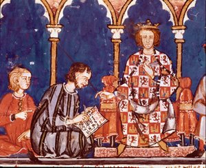 El rey Alfonso X el Sabio asiste a un escriba. (detalle) Miniatura del Libro de juegos de Alfonso X el Sabio (1221-1284) “El libro de ajedrez, dados y tablas”. 1282. San Lorenzo de El Escorial. Biblioteca Real de Unknown artist
