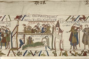 El rey Eduardo el Confesor en su lecho de muerte, Tapiz de Bayeux (bordado de lana sobre lino) de Unknown artist