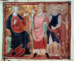 El rey Enrique II de Inglaterra (1133-1189) recibiendo a un obispo y soldados. Miniatura de un manuscrito del siglo XV de Unknown artist