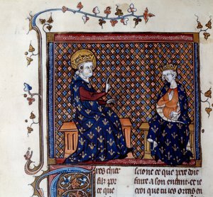 El rey Luis IX (1214-1270) enseña al maestro del rey a su hijo, futuro Felipe III Miniatura de un manuscrito del siglo XIV. Chantilly, Museo Condé de Unknown artist