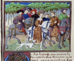 Rey y Reina yendo de caza (Felipe VI de Valois y Blanca de Navarra (?)) Miniatura de “Le livre de la chasse” de Gaston III Phoebus, Conde de Foix, Señor de Bearn (1331-1391) de Unknown artist