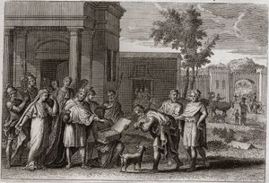 Biblia del Reino, Antiguo Testamento: Abimelec castigado por Dios. Abimelec (Abimelec o Ahimelec o Ahimelek), rey de Gerar, habiendo tomado por la fuerza a Sara (Sara), la esposa de Abraham, pero creyendo que era solo su hermana, es engañado por Dios y la  de Unknown artist
