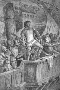 Knut el Grande (Canuto I) (994 o 995-1035) - Los hombres de Knut el Grande en el puente de Londres, bajo ataque de Olaf II de Noruega (Olaf II de Noruega) - Grabado en “Kaiser, Konig une Papst” por Richard Roth