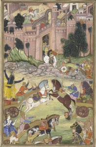 Krishna mata al demonio Sri Gala (Escena del Harivamsa). Hacia 1585-95