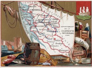 La Charente Inferieure, Poitou Charentes, Francia. Vino, brandy, sardinas, sal, azafrán, pescado seco, c.1920 de Unknown Artist