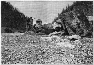 La catástrofe de Saint-Gervais (Saint Gervais) o catástrofe del glaciar de la Tête Rousse (departamento de Haute-Savoie) (12-13 de julio de 1892) - Baños de Saint-Gervais después del desastre con los enormes bloques transportados por el torrente, Grabado e de Unknown artist