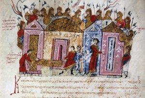 La guardia armada varega (vikingos daneses y suecos, que viajaron por toda la red fluvial de los territorios del este y construyeron fuertes, hasta el mar Caspio, sentando así las bases de lo que se convertiría en el estado ruso) Miniatura de Unknown artist