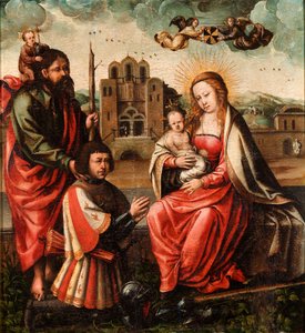 ""La Virgen de Cristóbal Colón"" (La Virgen de Cristóbal Colón) Virgen y Niño con Cristóbal Colón y San Cristóbal Pintura anónima 1540 - Óleo sobre tabla Dim 52x48 cm Museo Lázaro Galdiano, Madrid de Unknown artist