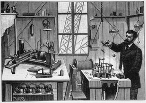 Laboratorio de Gustave Eiffel en la segunda plataforma de la torre - grabado de Unknown artist