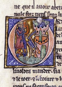 Lancelot en la cima de una torre. Manuscrito: Conquista del Santo Grial, escrito 717 años después de la pasión de nuestro señor. Biblioteca municipal de Rennes, ms. 255 (Colección de novelas de la Mesa Redonda); París de Unknown artist