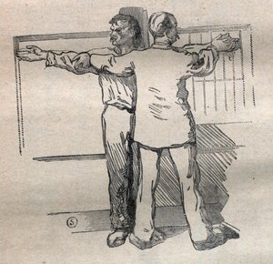 La antropometría judicial o bertillonaje, método de Alphonse Bertillon (1853-1914): medida de gran calibre de los brazos - Grabado en "La Science française" de Unknown artist