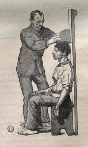 La antropometría judicial o bertillonaje, método de Alphonse Bertillon (1853-1914): medida del busto - Grabado en "La Science française" de Unknown artist