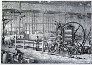 Gran laminador para reducir bloques de caucho purificado en láminas - en “Las maravillas de la industria” de Louis Figuier