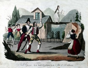Última escena del Acto II de “La sonnambula” de Vincenzo Bellini. Grabado de 1835