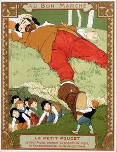 Le Petit Poucet se quita las botas de siete leguas con el ogro dormido - Etiqueta publicitaria Bon Marché, finales del siglo XIX de Unknown artist