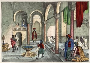 El baño moro (baño público) en Argel alrededor de 1830. En “La Argelia antigua y moderna” por Léon Galibert. Edición italiana en 1846 color de Unknown artist