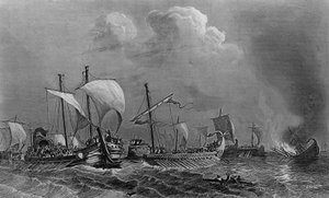 El combate de Salamina y la derrota de Jerjes, siglo V. en “Histoire generale de la marine” bajo la dirección de Mr. Van Tenac de Unknown artist