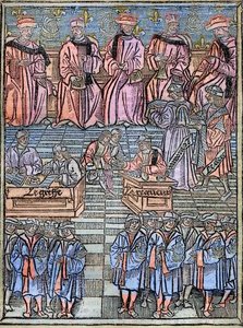 Le prevot des marchands et les echevins de Paris au 16eme siècle grabado después del original de 1528 - Preboste de comerciantes y concejales de París, escena de recaudación de impuestos, portada de 
