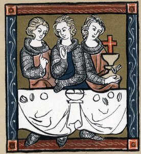 Leyenda artúrica: Galahad, Perceval y Bohort con el Santo Grial. de Unknown artist