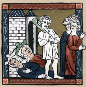 Leyenda artúrica: Lancelot del Lago libera a la reina Ginebra y a su amiga del castillo, quienes caen desmayadas y los habitantes huyen. En “Geschichte der Franzosischen Literatur” por Hermann Suchier