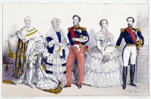 Los Borbones y el Imperio: Carlos X (1757-1836), María Amelia de Borbón Sicilia (1782-1866) y Luis Felipe I (1773-1850), Eugenia de Montijo (1826-1920) Napoleón III (1808-1873) - Placa extraída de Reyes y Reinas de Francia en estampas, París, ed. Sw