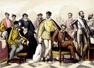 Los Valois - De 1547 a 1589. Enrique II, Catalina de Médici (Caterina de Medici), Carlos IX, Enrique III, Enrique IV. Grabado del siglo XIX.