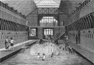 Los baños públicos a buen precio de la rue Chateau-Landon en París en 1884. en “La Nature. Revue des sciences et de leurs applications aux arts et à l