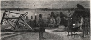 Los desagües de París: un “barco de limpieza” utilizado para limpiar el colector de alcantarillado - Grabado de “Le Monde Illustré” de Unknown artist