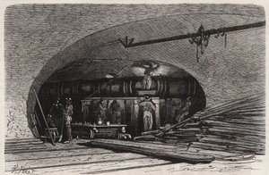 Las alcantarillas de París: curva de la tubería cerca del puente Saint Michel, plaza del Chatelet (Grabado en 