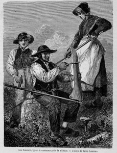 Los segadores, tipos y trajes cerca de Thiézac, en Auvernia - en “Le tour du monde” de Unknown artist
