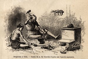 Los herreros frente a su fragua en Yedo (o Edo, capital imperial, actual Tokio). Grabado para ilustrar el viaje a Japón en 1863-1864, por Aime Humbert, ministro de la Confederación Suiza, en “Le tour du monde, nouveau journal des voyages” de Unknown artist