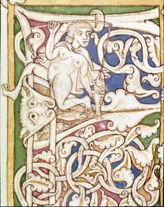 Letra P decorada con la representación de una mujer pescando un pez. Miniatura de una Biblia (Antiguo Testamento) de Unknown artist