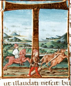 Letra T decorada con un jinete y un entrenador de bueyes - Miniatura tomada de “Las bucólicas” (Églogas) de Virgilio (Publio Virgilio Marón) (70-19 a.C.). Siglo XV, Nápoles, Biblioteca Nacional de Unknown artist