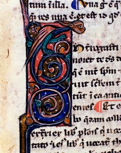 Letra decorada de un monstruo gótico que recuerda a las gárgolas. Detalle de manuscrito del siglo XIV