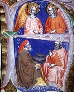 Letra capital que representa ángeles y filósofos que discuten - en De civitate dei de San Agustín. Manuscrito del siglo XIV. Biblioteca Municipal de Rímini.
