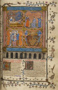 Vida de Julio César: cuatro miniaturas que muestran su nacimiento, divorcio, pontificado y lucha con Pompeyo; texto con iniciales decoradas y orla con aves y grotescos.