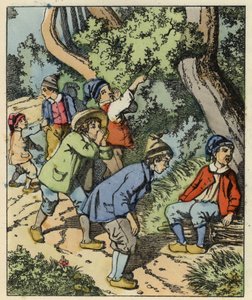 Pulgarcito y sus hermanos perdidos en el bosque abandonados por sus padres. Ilustración del cuento "Pulgarcito" de Charles Perrault de Unknown artist