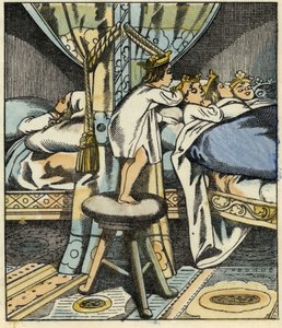 Pulgarcito pone las coronas de las siete hijas del ogro en la cabeza de sus hermanos. Ilustración del cuento "Pulgarcito" de Charles Perrault de Unknown artist