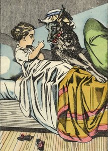 Caperucita Roja pregunta al Lobo, “Abuela, qué dientes tan grandes tienes.” Ilustración del cuento “Caperucita Roja” de Charles Perrault. de Unknown artist