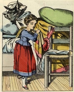 Caperucita Roja en la casa de su abuela. Ilustración del cuento "Caperucita Roja" de Charles Perrault