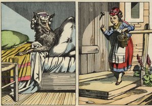 Caperucita Roja llama a la puerta de su abuela. Ilustración del cuento “Caperucita Roja” de Charles Perrault