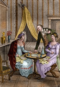 Pequeña cena. Olympe de Gouges (1748-1793), mujer de letras y revolucionaria francesa con Celine, una de sus amigas. En "Consejos a mi hija" de Jean Nicolas Bouilly (1763-1842). 1820. Colección privada. de Unknown artist