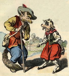 El cabrito habla con el Maestro Zorro. Ilustración del cuento “Bon Médor y la Pequeña Cabra”. En “Cuentos del hogar para los pequeños”. Grabado anónimo del siglo XIX.