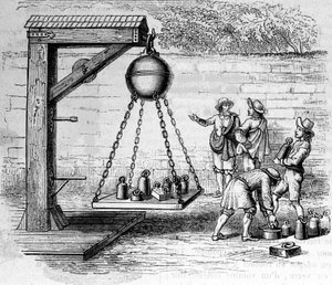 Carga de los hemisferios de Magdeburgo suspendidos para calcular la presión atmosférica - en “Ottonis de Guericke: Experimenta Nova Magdeburgica de vacuo spatio” de Otto von Guericke