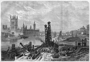 Londres, construcción de muelles en la orilla sur del Támesis, frente a la ciudad administrativa de Westminster en la orilla norte. En “L
