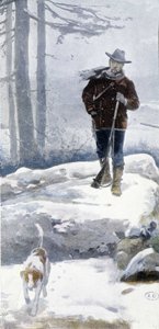 Cazador solitario con perro en un paisaje nevado, finales del siglo XIX de Unknown artist