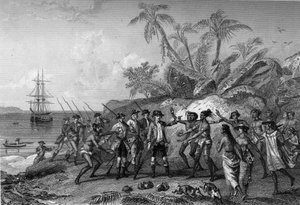 Louis Antoine Conde de Bougainville, navegante francés (1729-1811), acercándose a las islas de las Marquesas en Tahití, 6 de abril de Unknown artist